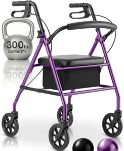 Vive Mobility Steel Rollator Walker with Seat - Foldable, Narrow, Rolling Senior Walker for Small Spaces - 4 Wheel Lightweight Adult Easy Drive with Underseat Storage, Adjustable Height (Purple)