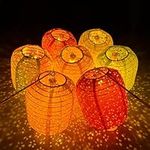 12Pcs Chinese Paper Lanterns with LED Lights, Hollow Out Hanging Asia Japanese Paper Lamps with Tassels Walking Sticks 8 In Lanterns for Chinese New Year Lanterns Decorations(oval-shaped)