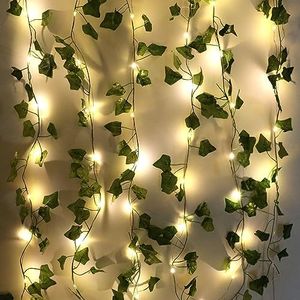1 cadena de luces LED de hiedra artificial, cadena de luces con hojas, 5 m, guirnalda de hiedra falsa con 50 luces LED, guirnalda de hiedra interior, hoja verde hiedra