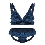 iEFiEL Men's 2 Piece Frilly Silky Satin French Maid Jock Strap G String Lingerie Set Navy Blue Large