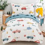 Cars Toddler Bedding Set 4 Pieces Blue Cotton Comforter Set Kids Crib Bed Set Include Flat Sheet Fitted Sheet and Pillowcase for Boys and Girls