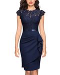 Miusol Women's Elegant Floral Lace Ruffle Design Cap Sleeve Cocktail Party Dress (Large, Navy Blue)