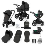 Ickle Bubba Stomp Luxe 12-Piece Travel System with i-Size Cirrus Car Seat & ISOFIX Base – All-Terrain Pram, Reversible Seat, UPF 50+ Hood, Rain Cover & Accessories (Black/Charcoal Grey/Black)