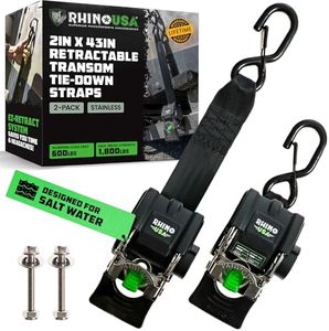 Rhino USA Retractable Transom Tie-Down Straps (2-Pack) - 1,800lb Guaranteed Max Break Strength, Heavy Duty 2" x 43" Marine Trailer Tie Downs for Boat, Jet Ski, Seadoo and More!