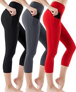 ATHLIO 3 Pack High Waist Capri Yoga Pants with Pockets, Tummy Control Yoga Leggings, 4 Way Stretch Non See-Through Workout Running Tights YCP36-KCR Large