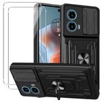 KZIOACSH Case for Motorola Moto G34 5G,Military-Grade Shockproof Phone Case [Built-in Kickstand][Slide Camera Cover][Removable Card Holder] Anti-Scratch Rugged Bumper Cover with 2 Tempered Glass Film