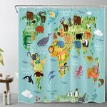 LB Blue Shower Curtain Cartoon Funny Animal World Map Shower Curtain for Kids Bathroom Waterproof Anti Mould Polyester Fabric Shower Curtains with Hooks,71x71 inches