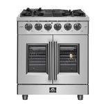 Forno 30-inch French Door Gas Range with 1 Sealed Dual-Ring Brass Burner, 4.32 Cu.Ft Convection Fan Oven with 30,000 BTU - Modern Design Kitchen Range with Air Fryer Basket, Rack & Drip Pan