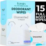 FOMIN Travel Deodorant Wipes - 15 Count - Unscented - pH Balanced, Hypoallergenic Mini Deodorant Wipes For Women and Men - Plastic-Free, Individually Wrapped Underarm & Body Wipes