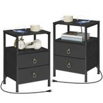 HOOBRO Nightstands with Charging Station, Set of 2, Bedside Tables with 2 Fabric Drawers, Side Tables with Outlet and USB Ports, End Tables with Open and Hidden Storage, Black BB110UBZP201