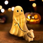 Ghost Walking Dog Statue Light- Warm Lighted Halloween Ghost Dog Statue Ghost with Dog Night Light Cute Ghost and Dog Party Decorations for Halloween Home Bedroom Decors Table Centerpiece (Boy)