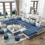 Torque - Silvester 12 Seater U Shape Premium Sectional Fabric Sofa Set with 4 Puffy (Right Side, Blue & Light Grey) | Couch for Living Room | 3 Years Warranty