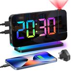 Venchin Alarm Clocks Bedside: Projection Clock with 180° Rotate Projector Time Flip USB Charging Port Night Light Snooze 12H/24H 7.4" LED Digital Mirror Clock with UK Adapter