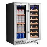 Wine Cooler Beverage Refrigerator 24 inch 20 Bottles & 88 Cans Beverage Fridge Dual Zone Wine Cooler Under Counter Lockable Freestanding with Glass Door for Drink Bar Kitchen Cabinet Commercial