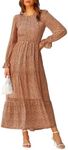 BTFBM Women Casual Long Sleeve Crew Neck Fall Dress Bohemian Relaxed Fit Floral Flowy Maxi Dresses Tiered Cocktail Dress, Brown, X-Large