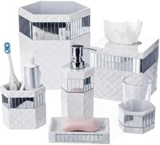 Creative Scents White Bathroom Accessories Set - Decorative 6 Piece Bathroom Set Includes: Trash Can, Tissue Box Cover, Soap Dispenser, Toothbrush Holder, Tumbler & Soap Dish (Quilted Mirror)