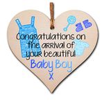 Handmade Wooden Hanging Heart Plaque Gift Congratulations on the arrival of your beautiful baby boy new baby present new parents blue nursery wall decoration crayon style