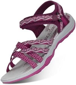 GRITION Sandalias Deportivas para Mujer, Sandalias de Verano para Senderismo Al Aire Libre para Señoras, Zapatos Planos Ajustables con Punta Abierta y Atados Cruzados 40-Violeta Rojo