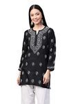 Ada Women's Cotton Top Tunic Hand Embroidered Lucknowi Chikankari Short Top A210717 Black (S, Regular Fit)