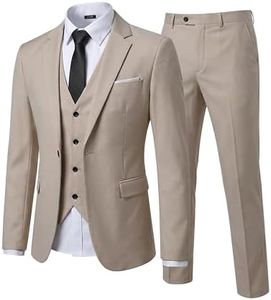 YND Men's Slim Fit 3 Piece Suit Set with Stretch Fabric, One Button Blazer Vest Pants, Solid Party Wedding Dress, Jacket Waistcoat and Trousers with Tie Beige