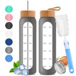 32oz Glass Water Bottle with Time Marker - 1000ml Large Motivational Water Bottle with 2 Bamboo Lids, Sealed & Straw Hole, 1L Bottle for Fitness with Stainless Steel Straw & Silicone Case (Gray)