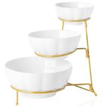 XINLTC 3 Tier Serving Bowls with Stand, Porcelain Tiered Serving Tray Food Display Set, Tiered Serving Stand for Entertaining Party Chip Rack Display Salad Bar Serving Set (Gold Stand)