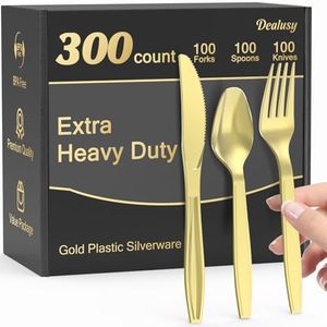 Dealusy 300 Count Extra Heavy Duty Gold Plastic Silverware, 100 Forks, 100 Spoons, 100 Knives, BPA-Free, Heat Resistant, Disposable Plastic Utensils Set, Plastic Cutlery Set, Plasticware Bulk