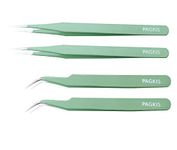 PagKis ESD Safe Anti-Static Tweezers (Green, Pack of 4, Straight & Curved Pointed)