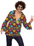 Men Novelty 1970s Disco Costume V Neck Floral Collared Shirt Bell Sleeves Multicolor Hippy Outfit Peace & Love M