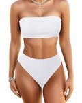 Yonique Thong High Waisted Bikini Set Ribbed Bandeau Swimsuit Strapless Bathing Suit Two Piece Swimwear, White, S