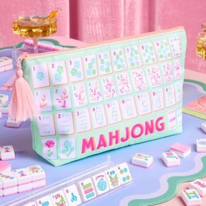 xo, Fetti Mahjong Tile Bag - Nylon Zipper Bag | Mahjong Gift, Game Night, Pink, Pastel, Tile Print, Girly, Tassel