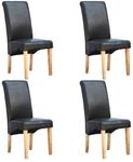 folk Set of 4 Faux Leather Dining Chairs Roll Top High Back with Solid Wooden Legs Oak Finish for Home & Dining Living Room Bedroom Kitchen (Black)