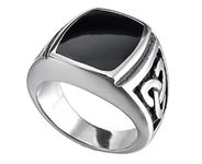 Mens Stainless Steel Black Enamel Signet Celtic Knot Ring Wedding Band