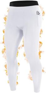 RIKUAOU Mens Thermal Compression Pants, Lightweight Fleece Lined Leggings with Pockets, High Waisted Workout Tights for Running Hiking Athletic White