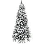 Fraser Hill Farm 7.5-Ft. Alaskan Pine Flocked Artificial Christmas Tree with Stand, Unlit Foldable Fake Tree with Realistic Snowy Foliage for Home Decoration