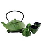 Cuisiland Dragonfly Cast Iron 37oz Teapot Set with 4 Cups Green Enameled Interior and Stainless Steel Infuser