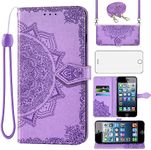 Asuwish Mobile Phone Case for iPhone 5S/5/SE 2016 Case with Strap and Glass Film Protective Film Card Slot Foldable Leather Wallet Stand i 5SE 1 S SE2016 1st Generation Mobile Phone Case Purple