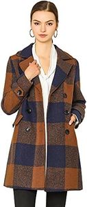 Allegra K Women's Notched Lapel Double Breasted Winter Plaids Coat Brown Small