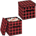 mDesign Square Gift-Wrap and Ornament Storage Box with Handles, Holder Container for Christmas or Holiday Decorations - Removable Lid, Closet or Cubby Storage Totes, Buffalo Plaid, 2 Pack, Red/Black