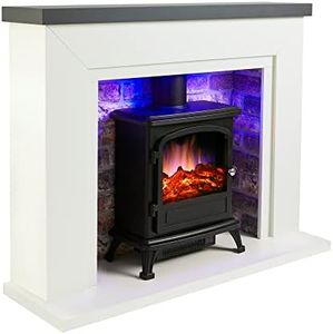 Endeavour Fires Farlington Electric Fireplace, Black Log Burner Stove in 48’’ Off White Surround, LED Downlights with Remote Control (Grey Top/Rustic Brick)