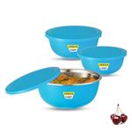 URBAN CHEF Microwave Safe Bowl | 1 Year Warranty | Diwali Gifts, Serving Bowl with Lid, Mixing Bowl, Oven Bowl Set Microwave, Flora Stainless Steel Bowl Set of 3 with 500ml, 800ml & 1250ml (Blue)