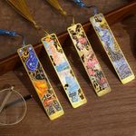 4 Pieces Metal Bookmarks with Tassel, Golden Hollow Bookmark Monet Van Gogh Oil Painting Theme Book Mark Bookmarks for Book Lovers Writers Readers Children Teens for Women Adults