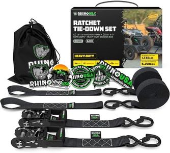 RHINO USA Ratchet Straps Motorcycle Tie Down Kit 5208 Break Strength - Includes (2) Heavy Duty 1.6 x 8' Rachet Tiedowns with Padded Handles & Coated Chromoly S Hooks + (2) RHINO Soft Loop Tie-Downs