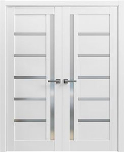 SARTODOORS French Double Panel Lite 72 x 84 with Hardware | Quadro 4088 White Silk with Frosted Opaque Glass | Pre-Hung Panel Frame Trims | Bathroom Bedroom Interior Sturdy Door
