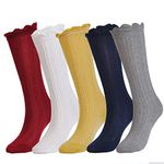 Epeius 5 Pairs Little Girls Cotton Uniform Knee High Socks Kids Boys Tube Ruffled Stockings for 4-6 Years,White/Grey/Navy/Yellow/Wine Red