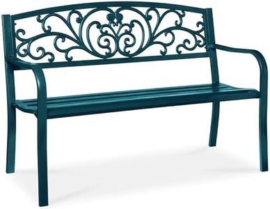 Best Choice Products Outdoor Bench Steel Garden Patio Porch Furniture for Lawn, Park, Deck w/Floral Design Backrest, Slatted Seat - Peacock Blue