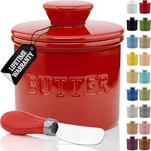 Priority Chef Large Butter Crock with Lid with Water Line, Ceramic French Butter Dish to Leave On Counter, Red