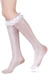 Benefeet Sox Womens Lace Knee High Socks Girls Ruffle Knee Highs Sexy Sheer Trouser Socks Black White Mesh Fishnet Stockings, White Lace Heart, One Size