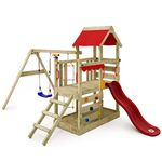 WICKEY Wooden climbing frame TurboFlyer with swing set & red slide, Outdoor kids playhouse with sandpit, climbing ladder & play-accessories for the garden