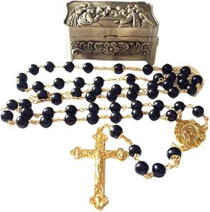 elegantmedical HANDMADE Wire Wrapped Black AAA10mm Real Pearl BEADS GOLD ROSARY CROSS Necklace & box Catholic GIFTS